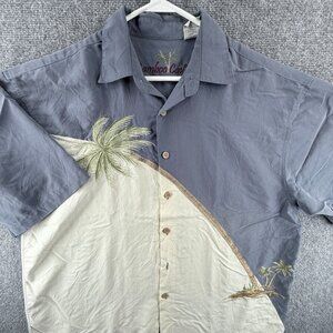 Bamboo Cay Blue Ivory Graphic Print Large Modal Polyester Short Sleeve Button Up